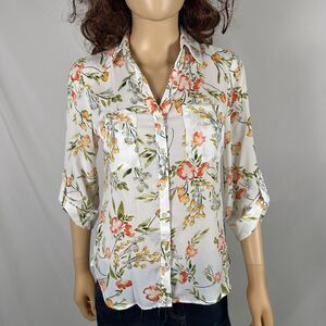 By & By White Multicolor Floral 3/4 Sleeve Blouse Top Medium Business Casual